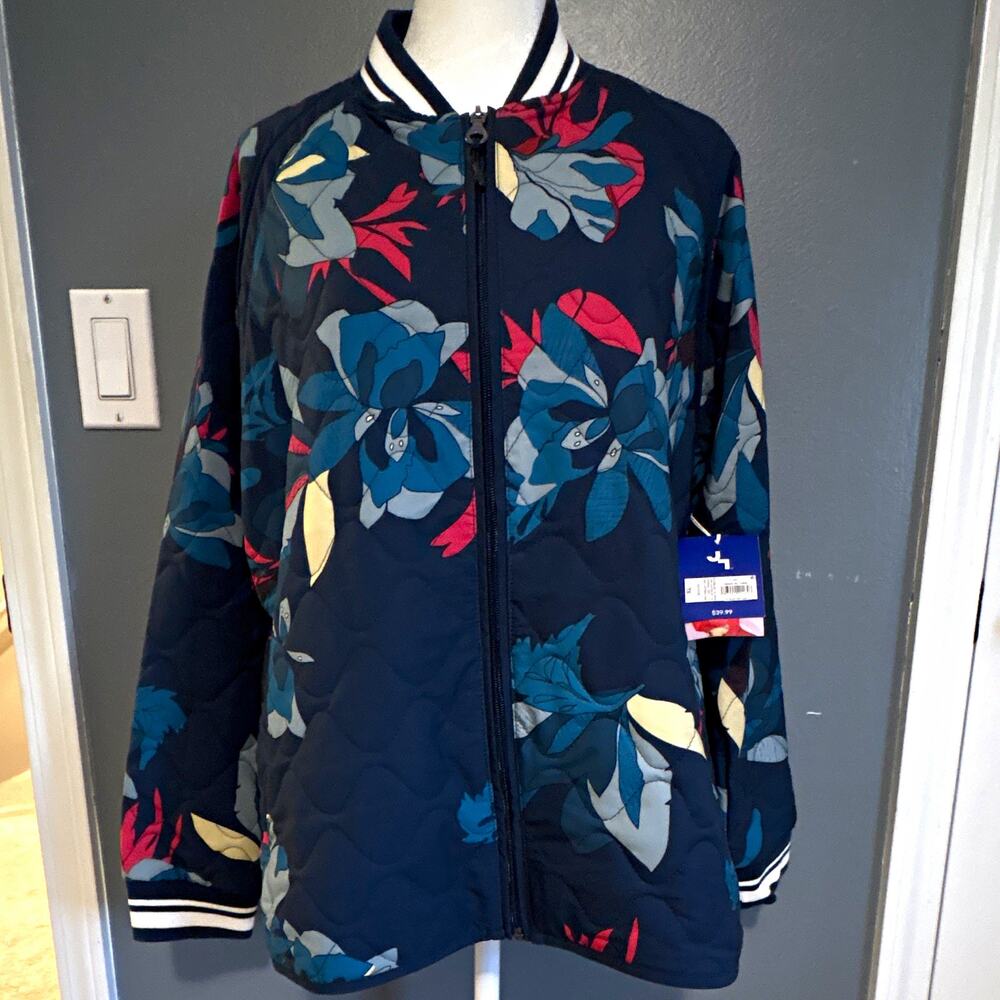 JOY LAB XL Quilted Floral Bomber Jacket Full Zip Pockets Navy Blue, NWT, preppy